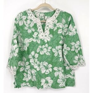 Alfred Dunner Shirt Womens 16P Green Floral  Crochet 3/4 Sleeve Cottagecore
